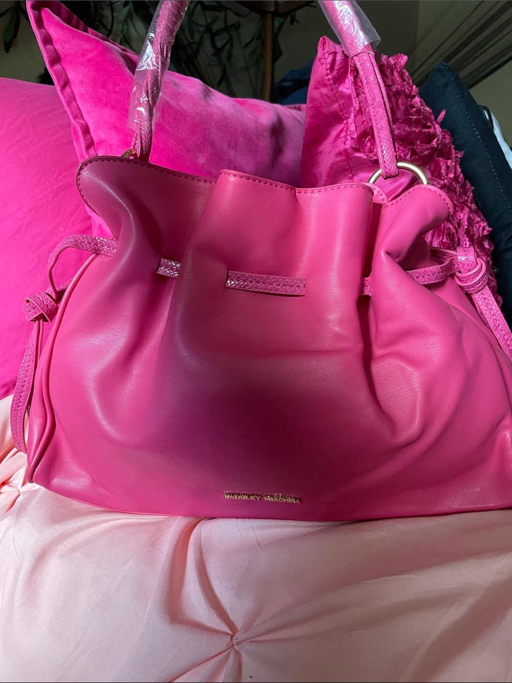 Badgley Mischka Hot Pink Drawstring Shoulder Bag